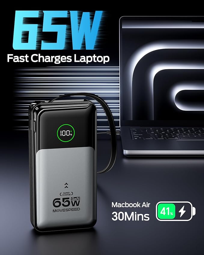 MOVE SPEED Portable Charger Laptop Power Bank 20000mAh 65W, Travel Essentials Battery Pack with Built-in Retractable USB-C Cable & Wall Plug, for MacBook/iPhone 17/16/15/iPad/Galaxy/Dell/HP and More