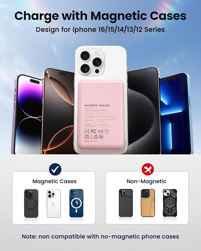 for Magsafe Battery Pack 12000mAh Magnetic Power Bank Portable Charger 20W USB C Fast Charging Wireless Charger for iPhone 17/16/15/14/13/12