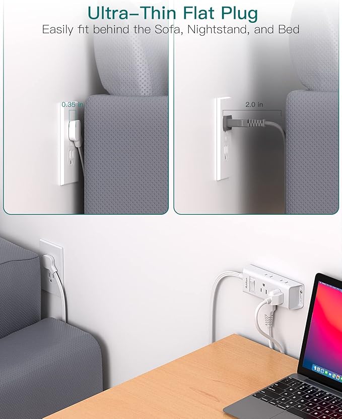 Flat Extension Cord 10 ft - Addtam Flat Plug Power Strip with 6 Outlets Extender, No Surge Protector for Cruise Ship, Dorm Room Travel Essentials, ETL Listed