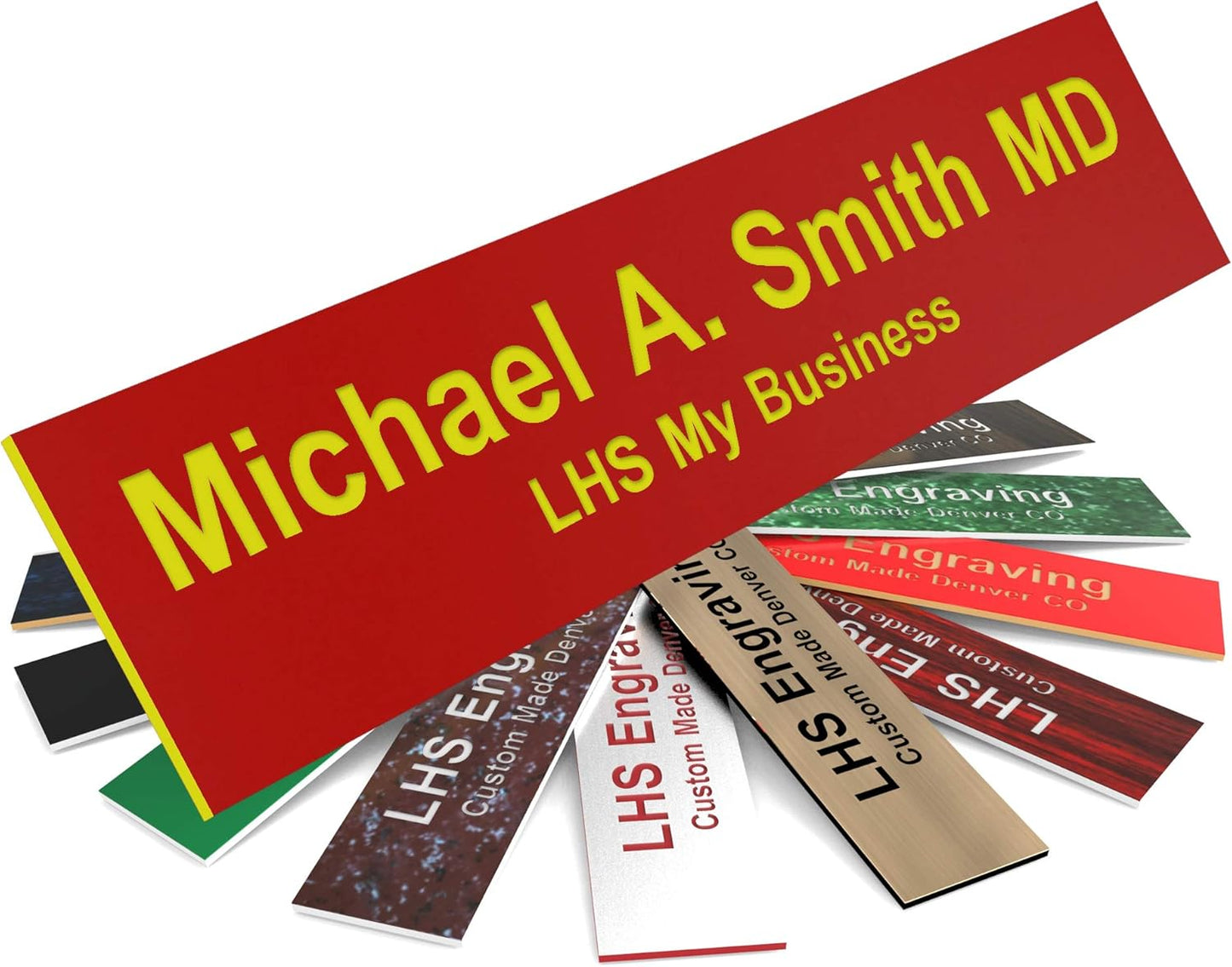 Door Name Plate Personalized for Office Red Plastic Name Plate with Yellow Letters - Made in USA 2x10 B22