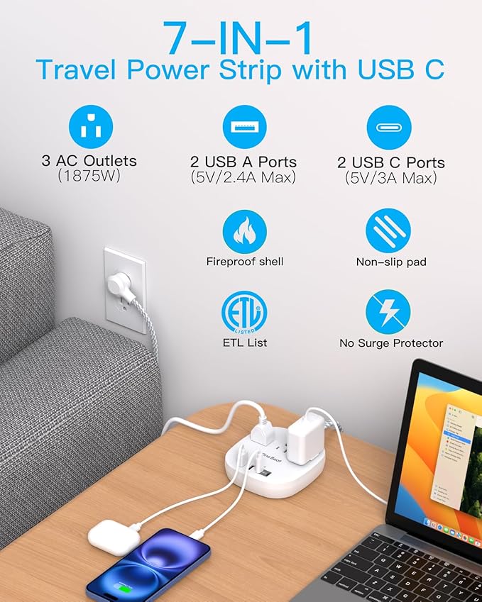Cruise Essentials 2025,One Beat Travel Power Strip with 3 Outlets 4 USB Ports 3.1A,Short Extension Cord 1ft Desktop Charging Station for Travel Home Office,Cruise Ship Essentials,ETL Listed
