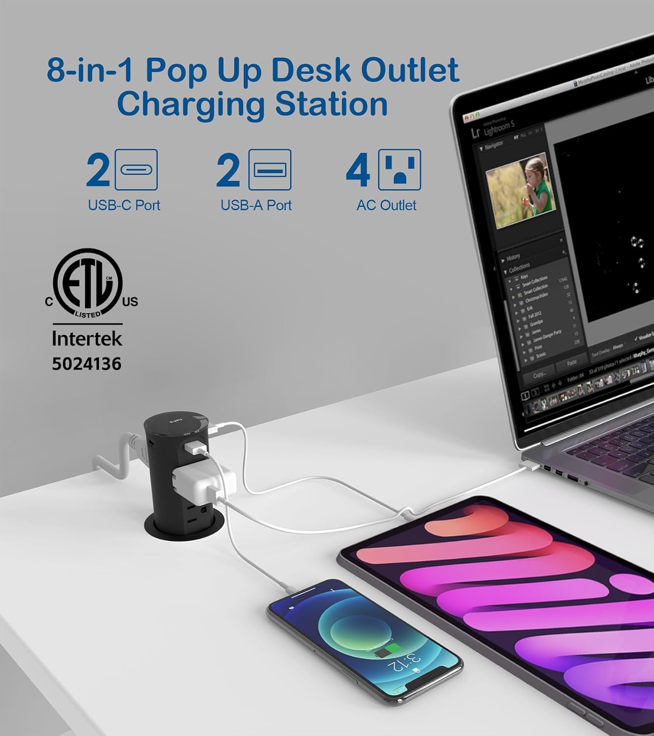 Jgstkcity Pop Up Power Outlet for Countertops & Desks,2.5-Inch Hole Flush, Mount, 20W USB-C, 4 USB Ports, 4 Tamper-Resistant 15A Outlets - Space-Saving Recessed Design,1875W,ETL Listed