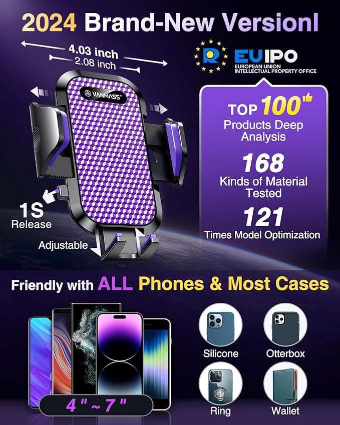 VANMASS [True Military-Grade] Car Phone Holder [Upgraded Suction & Clip] Cell Phone Mount for Dashboard Windshield Vent Truck Cradle Dash Stand for iPhone 16 Pro Max 15 14 13 12 Android, Purple