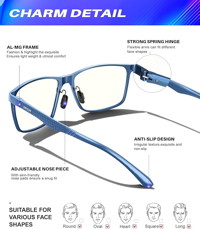 ANYLUV Blue Light Glasses Men, Relieve Eyestrain and Eye Protection, Al-Mg Metal Computer Blue Light Blocking Glasses