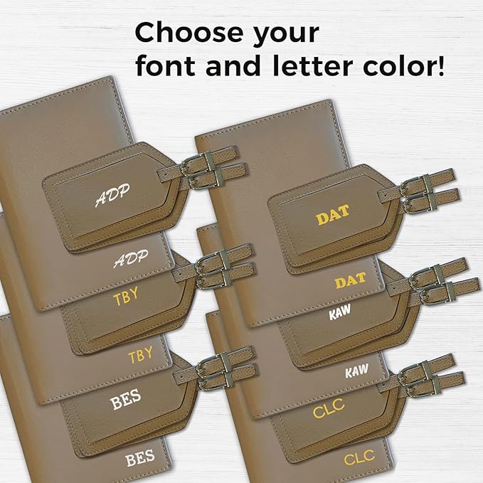 Personalized Monogrammed Taupe Leather RFID Passport Wallet and 2 Luggage Tags