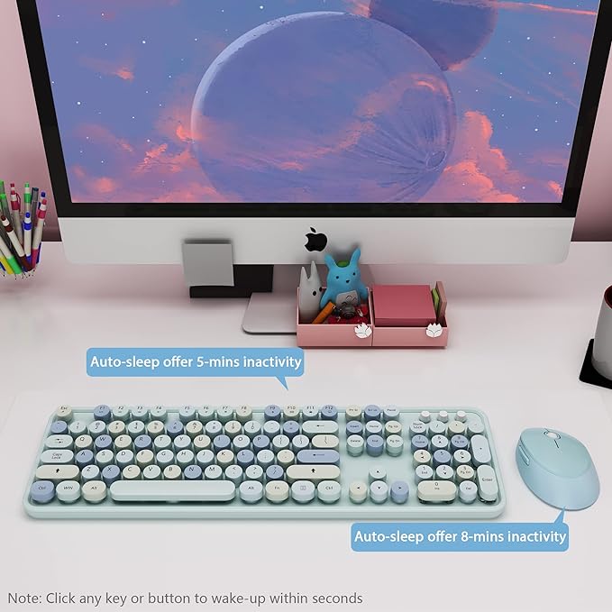 Wireless Keyboard and Mice Combo,Retro Round Keys Full-Sized Cute Keyboard, 2.4Ghz Dropout-Free Connection and Optical Mouse for Windows, Mac, PC, Laptop, Desktop (Blue-Colorful)