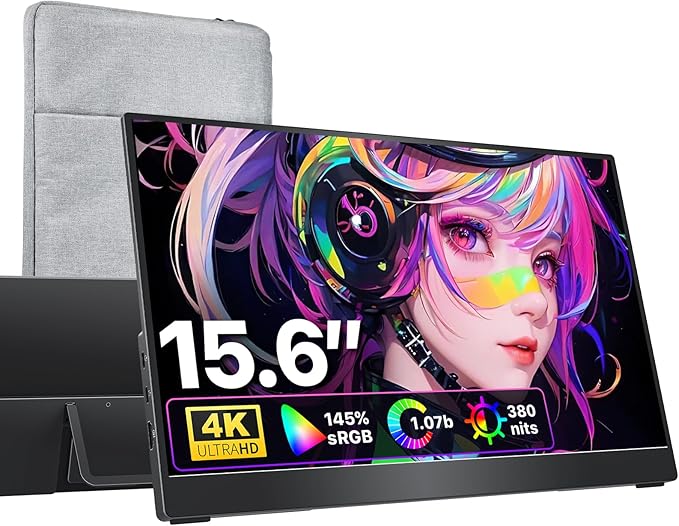 cocopar Portable Monitor 15.6'' 4K UHD 60HZ 145% sRGB Travel Monitor with USB-C HDMI Portable Screen for Laptop MacBook Surface PC PS4/5 External Display with Kickstand, VESA Mountable