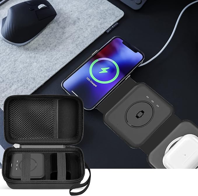 Travel Case for UCOMX for Nano/for Iseyyox/for LISEN/for RTOPS 3 in 1 Wireless Charger, Foldable Magnetic Charging Station Storage Holder Bag for Fast Charge Pad Cable and Adapter -Box Only (Black)