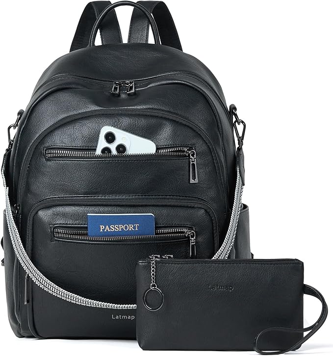 Backpack Purse for Women Laptop Backpack, Leather Travel Backpack Shoulder Bag Teacher College Daypack Work Handbag fits 14" Laptop-Black