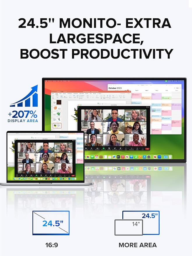 UPERFECT 24.5" Portable Monitor 240Hz Gaming Monitor 1200:1 Contrast FreeSync 0.1ms Fast IPS Large Screen, Built-in 180° Adjustable Stand/VESA, USB-C HDMI Second Screen for Laptop, Phone, Game Console