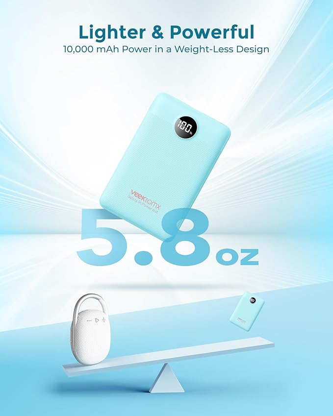 VEEKTOMX Small Portable Charger 10000mAh, Mini Power Bank 22.5W Fast Charging, Slim & Lightweight Travel Essentials, 3-Output External USB C Battery Pack Compatible with iPhone 17 16 15 (Cyan)