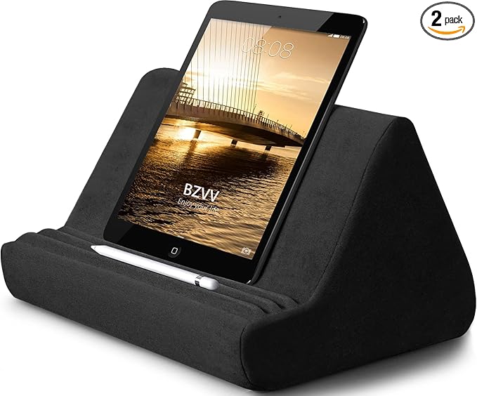 Soft Tablet Stand Pillow with Pocket,Adjustable 3 Viewing Angle,Lazy Holder for Bed Sofa,Compatible with iPads Tablets eReaders Smartphones Books Magazines (Black)