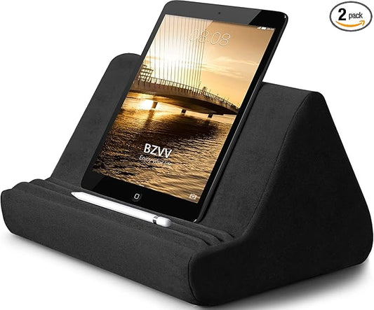 Soft Tablet Stand Pillow with Pocket,Adjustable 3 Viewing Angle,Lazy Holder for Bed Sofa,Compatible with iPads Tablets eReaders Smartphones Books Magazines (Black)
