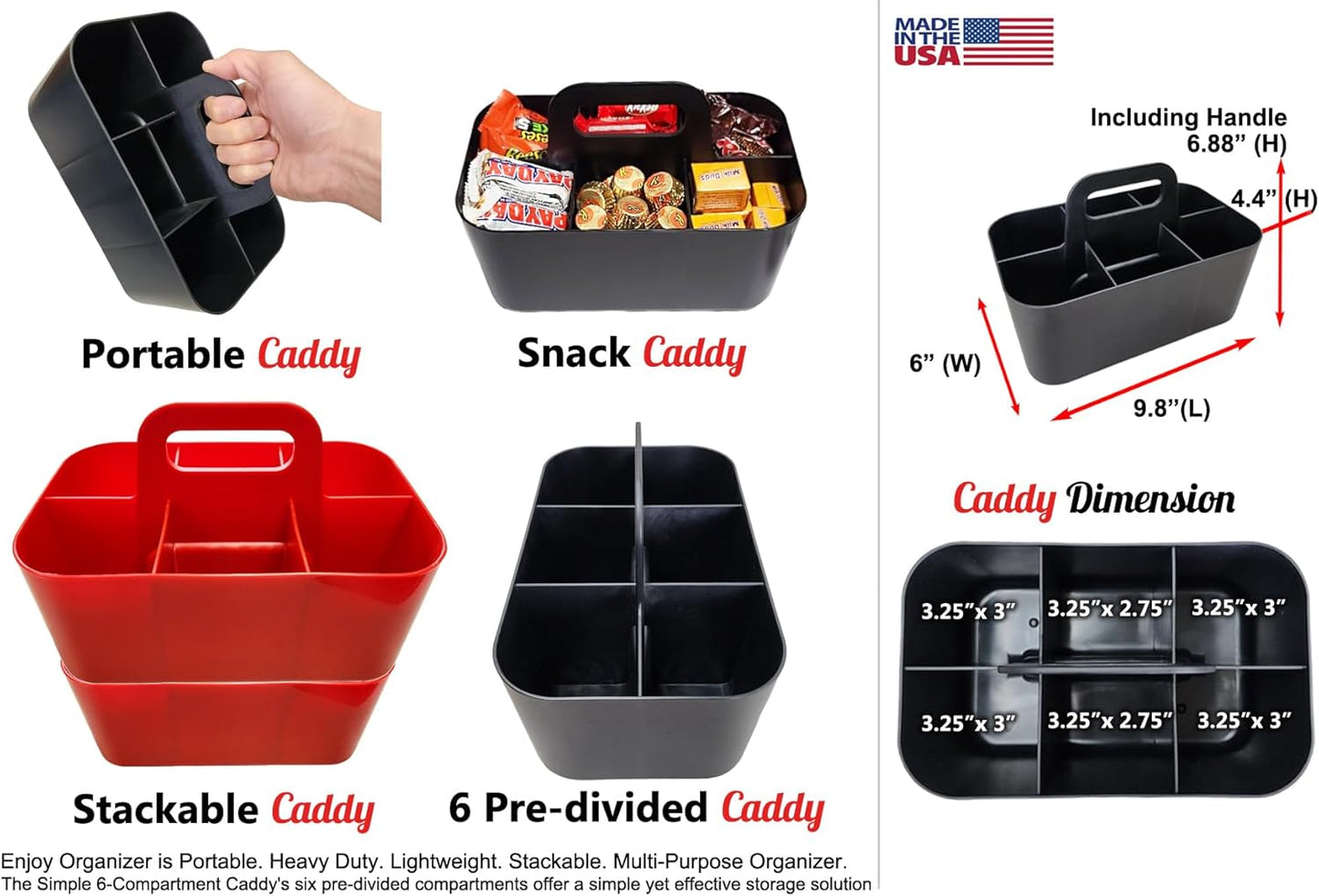 2 Pack Small 6 Compartment Multiuse Caddy Organizer with Handle Art Craft Supplies, Office, Desk, Stationery Pen Holder Stackable- Made In USA (Red)