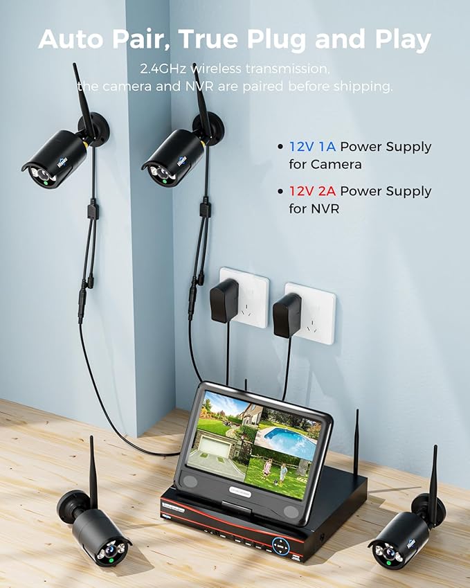 Hiseeu [16CH Expandable] 2.4G/5G Wireless Pro Security Camera System, 10.1" LCD 8MP Monitor, Wired Plug-in Powered 4Pcs 5MP Outdoor Indoor Cameras, One-Way Audio, Waterproof, Motion Detection, 1TB HDD