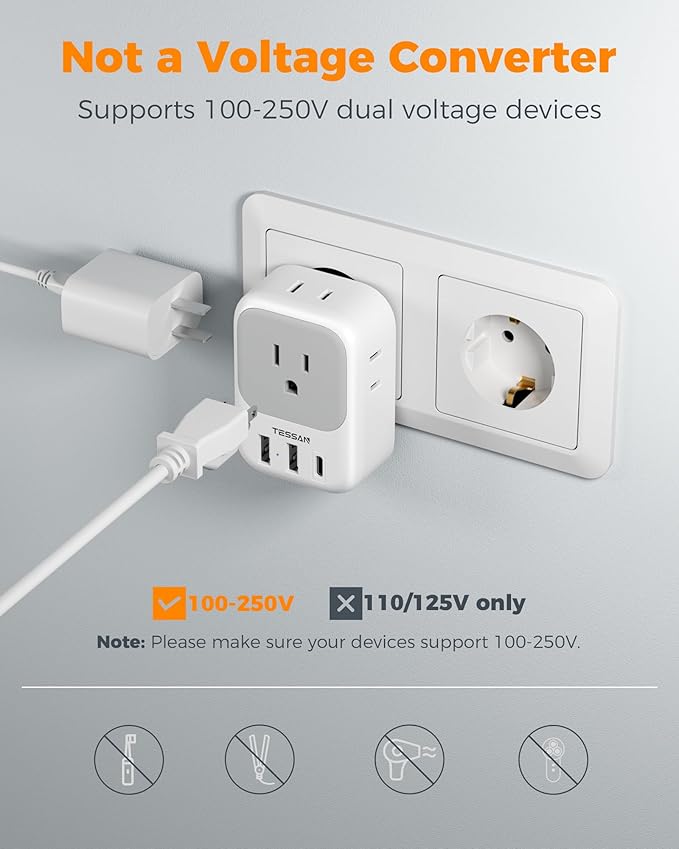 TESSAN European Travel Plug Adapter USB C 3 Pack, US to Europe Plug Adaptor with 4 AC Outlets 3 USB Charging Ports, Type C Power Adapter for USA to EU Euro Spain France Iceland Italy Germany Greece