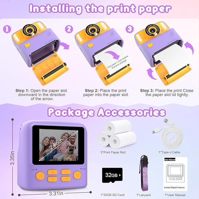 Kids Instant Print Camera, Portable Travel Toys Camera for Toddler, Print Black & White Photos Instantly, Ideal Birthday for Boys & Girls Ages 3–12 with Selfie Mirror (Purple)