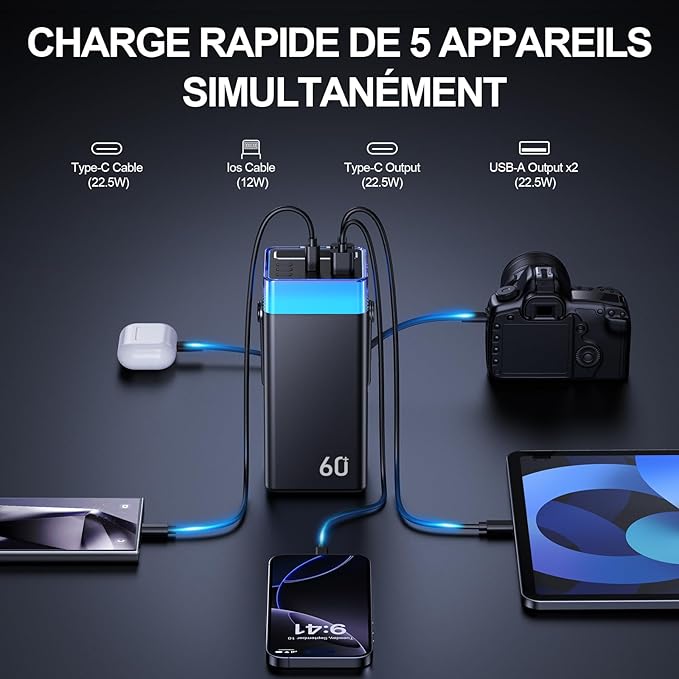 Power Bank 60000mAh 22.5W Fast-Charging Portable Charger with Built-in Cables Portable High Capacity Portable Phone Charger Power Bank for iPhone, Samsung, Galaxy, Travel Camping Outdoor