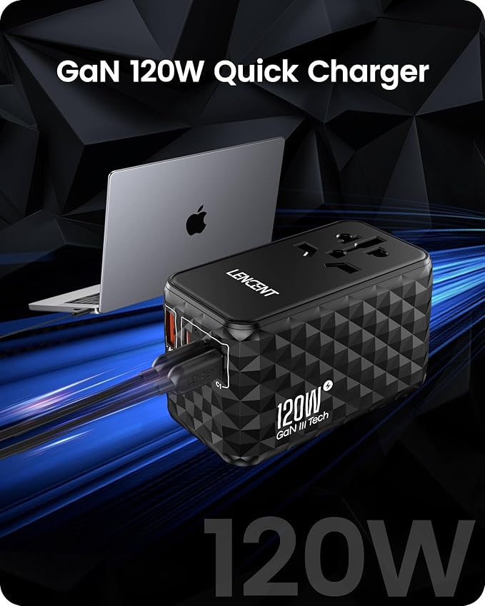 LENCENT 120W Universal Travel Adapter, GaN International Travel Adapter with 3 USB-C 1 USB-A Ports, Worldwide Fast Charger for Cameras Phones, All in One Power Converter for USA EU UK AUS Black