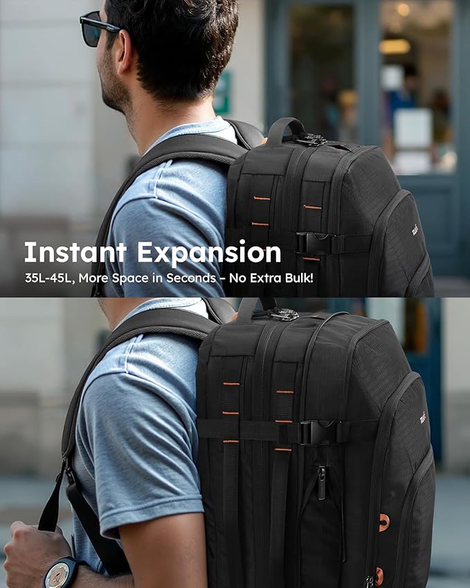 Tolaccea Travel Backpack, TSA Friendly Flight Approved Carry-on Luggage Water-resistant Business Rucksack, Durable Large Computer Bag Daypack Fits 15.6 Inch Laptop, 35-45L Expandable - Black