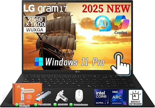 LG Gram 17 2025 Touchscreen Laptop Copilot + PC, Intel Ultra 7 Series 2 258V(Up to 4.8GHz), 17" WQXGA Display, 32 GB LPDDR5X RAM, 4 TB SSD, Intel Arc Graphics, Wi-Fi 7, Windows 11 Pro, w/Accessories