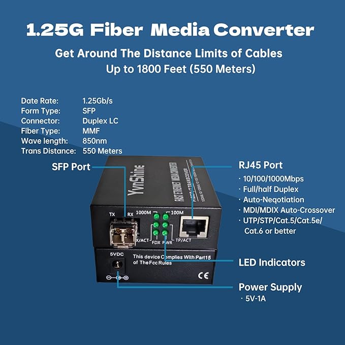 2 Pack Fiber Ethernet Media Converter, Gigabit SFP to RJ45 Converter Includes 2 Pcs 1.25G Multi-Mode SFP Transceiver, Fiber to Ethernet with 1000BASE-SX SFP to LC Module (MMF,850nm, Up to 550 Meters)