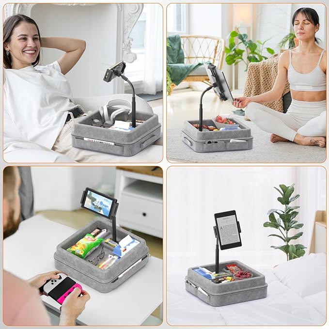 KDD Tablet Pillow Holder - 360°Adjustable iPad Pillow Stand for Lap, Bed and Desk - Gooseneck Tablet Soft Pad Dock with Storage Tray and Pocket Compatible with iPad Pro 12.9, Air Mini, Phone, E-Reader