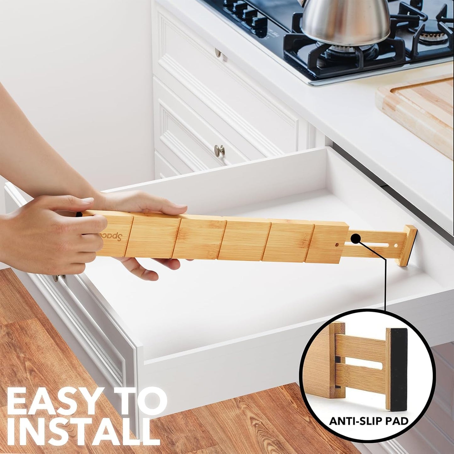 SpaceAid Bamboo Drawer Dividers with Inserts and Labels, Kitchen Adjustable Drawer Organizers, Expandable Organization for Home, Office, Dressers, 10 Dividers with 24 Inserts (17"-22" Natural)