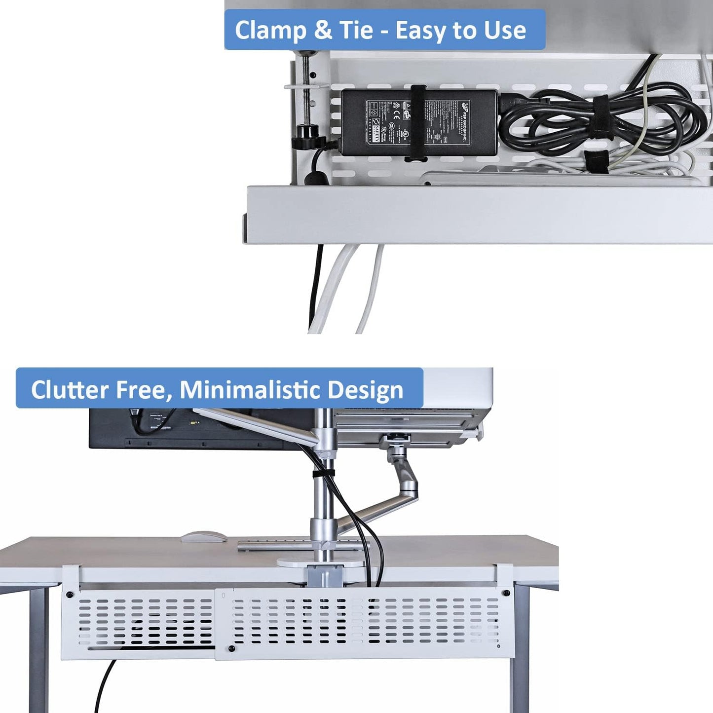 AEONS Under Desk Cable Management Tray Kit - Horizontal Adjustable up tp 41” Desk Organizer Removable C Clamp Mount Reversiable Computer Cord Raceway and Modesty Panel for Large Desk, White/Beige