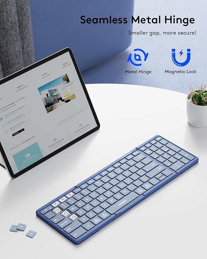 Samsers Foldable Bluetooth Keyboard with Numeric Keypad, Full-Size Wireless Folding PU Leather, Portable Travel for iOS Android Windows Mac OS, Support 3 Device(BT5.1 x 3) Blue