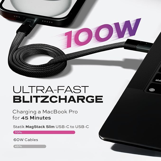 Statik MagStack USB C to USB C Cable, Magnetic Anti Tangle Flat Type C Charger Fast Charging Cord, Magnetic Charging Cable, Compatible with iPhone 16 Pro Max, 15, Galaxy S24 Ultra, 100W 6FT/2M