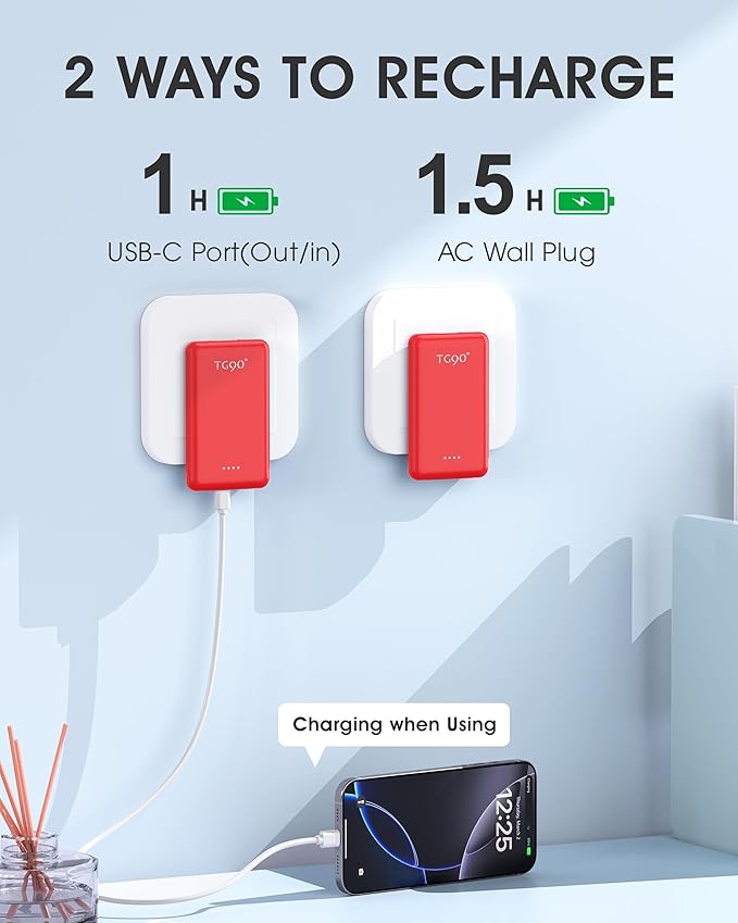 TG90° 5000mAh Ultra Slim Power Bank Built in AC Plug and Cables, Card Size Battery Pack Portable Phone Charger, 4 in 1 Pocket Size Travel Charger Compatible with iPhone, Samsung, Google