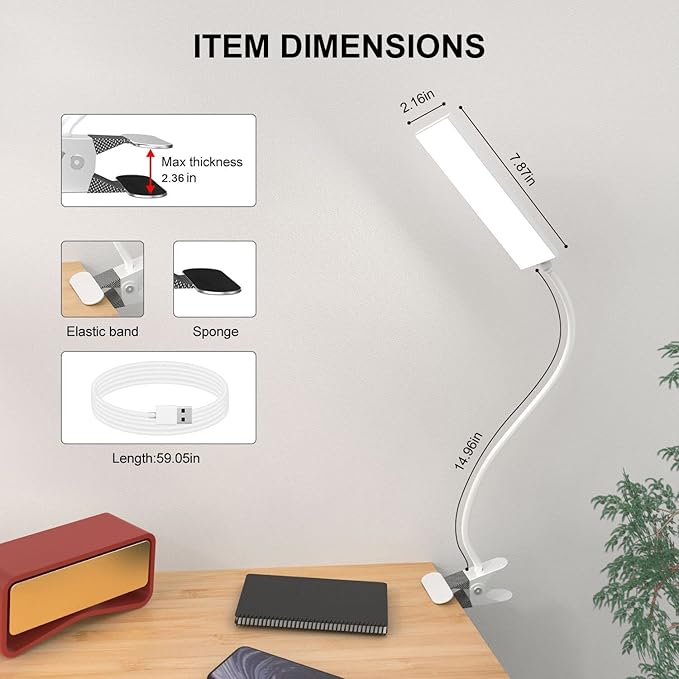 Vansuny Clip on Light LED Desk Lamp with Eye-Caring LED Metal Clip, 11 Level Brightness 3 Color Modes, Power by USB Port 5W Flexible Gooseneck Reading Light for Home and Office (5W, White)