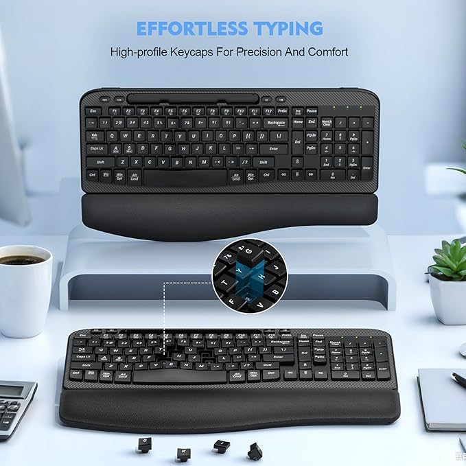 Ergonomic Wireless Keyboard with Cushioned Wrist Rest, Wave Keys, Phone Holder, Comfortable Natural Typing, 2.4GHz Full Size Cordless USB Computer Keyboard for Laptop, Mac, Windows (Black)