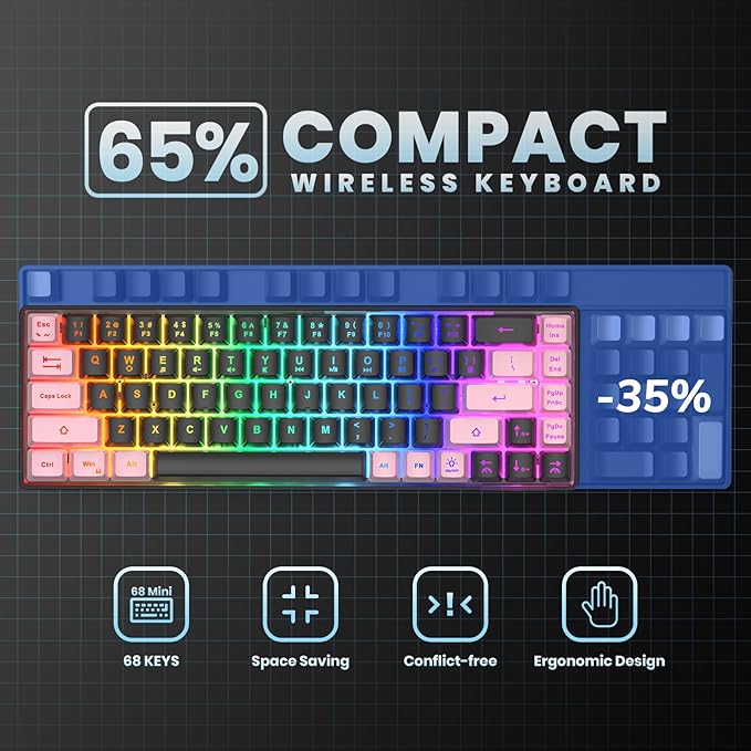 65% Wireless Gaming Keyboard, LED Backlit Gaming Keyboard, 68 Keys Ultra-Compact Anti-ghosting No-Conflict Wireless Keyboard for PC Laptop Windows Gamer(Black-Pink)