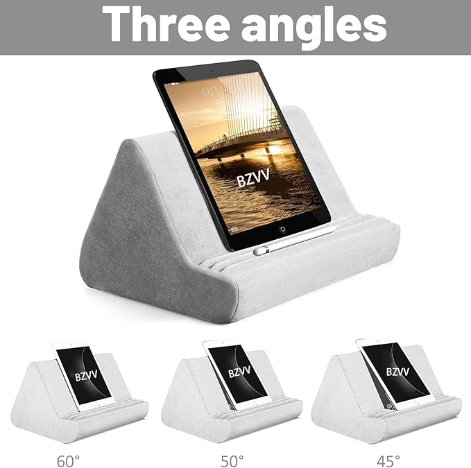 Soft Tablet Stand Pillow with Pocket,Adjustable 3 Viewing Angle,Lazy Holder for Bed Sofa,Compatible with iPads Tablets eReaders Smartphones Books Magazines (Dark Gray)
