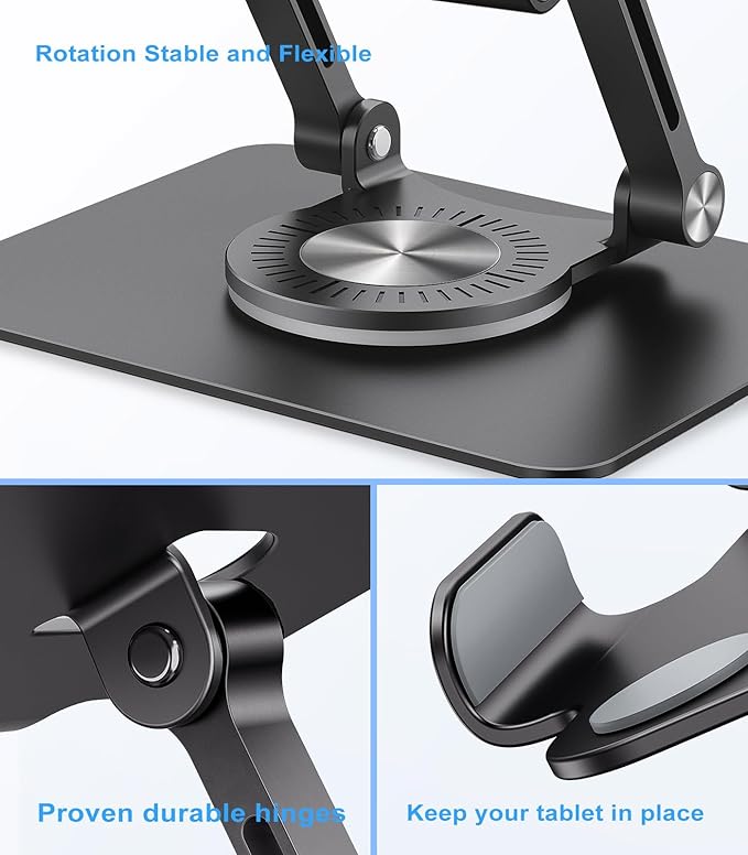 Swivel Tablet Stand with 360 Rotating Base, Adjustable Holder for Drawing, Compatible with iPad Pro/Air/Mini and More (Black)