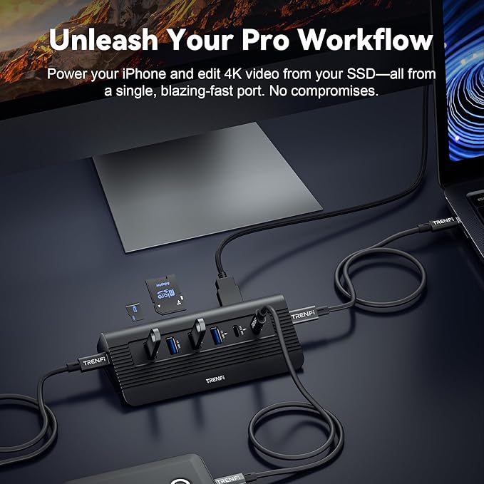 10-in-1 USB C Hub, 10Gbps USB 3.2 Gen 2 & 4K 60Hz HDMI Multiport Adapter | Docking Station with Detachable Cable, 100W Power Delivery, SD/TF for MacBook Pro/Air M4 M3, Dell XPS (Midnight)