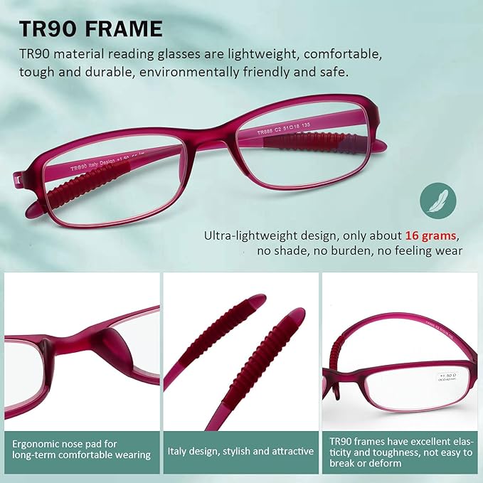 DOOViC 4 Pack Computer Reading Glasses Blue Light Blocking Anti Eyestrain Flexible Lightweight Readers for Women Men 2.25 Strength