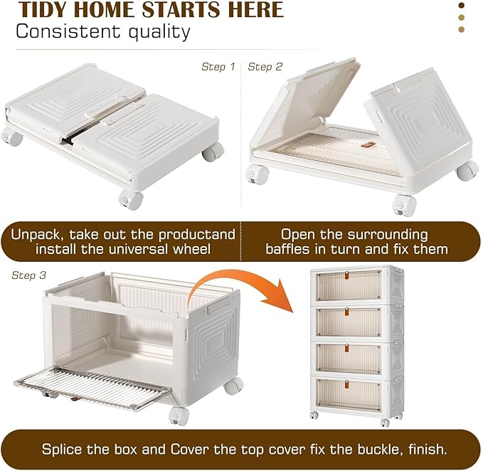 4 Tier Plastic Storage Bins with Lid 23QT, Stackable Storage Containers with Wheels, Folding Boxes, Collapsible Bins, Closet Organizers and for Living Room,Office,Dorm