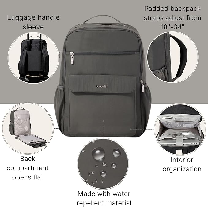 Baggallini Everyday Laptop Backpack - 11x15.5 Lightweight Water-Repellent Nylon Travel Bag w/Padded Laptop Sleeve & RFID