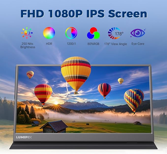 Portable Monitor 15.6 Inch 1080P FHD IPS Gaming Display Monitor with USB-C & HDMI, Ultra-Slim External Second Screen with Smart Cover & Speakers for Laptop, Xbox，PC, Mac, Phone, PS5, Switch