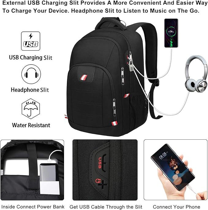 Travel Laptop Backpack, Black Backpack for Men and Women with USB Slit Business Computer Back Pack (Black, 15.6 Inch)