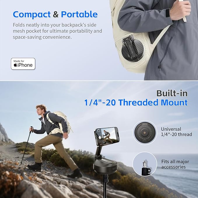 MOTA Tripod Stand Only for iPhone, 360 Degree Auto Tracking Stand for iPhone Support Native Camera and All Apps, 2 Axis Foldable Phone Holder for Video Recording with Megnetic Holder for Desk