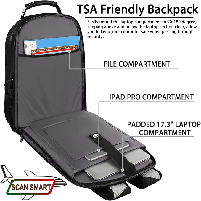17 inch Laptop Backpack, Large Travel Backpack for Men Airline Approved with USB Charging Port and TSA Friendly, RFID Anti Theft Water Resistant Bookbag Fit for College High School Students Weekender