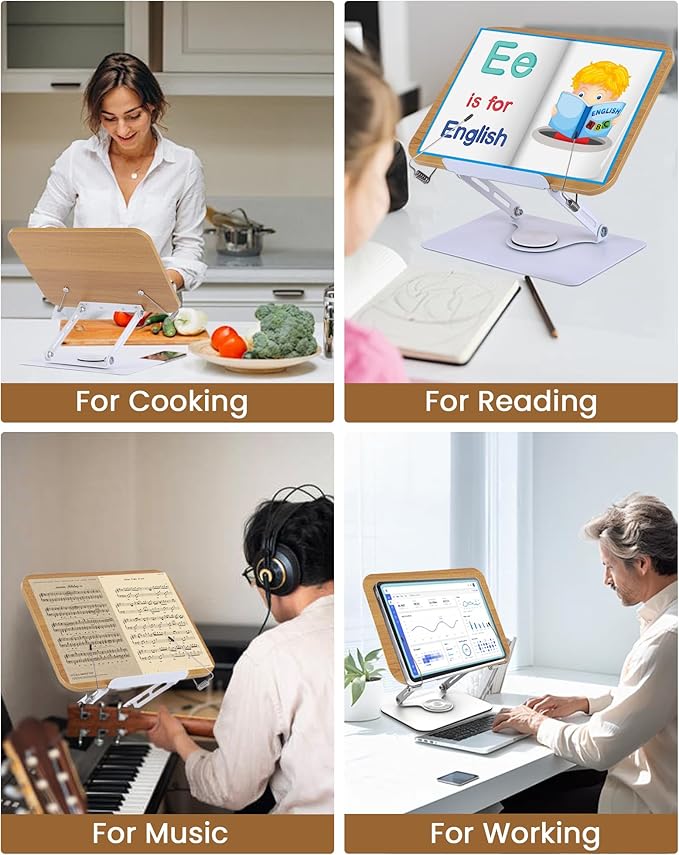 ASIEIT Book Stand for Reading, Adjustable Book Holder with 360° Rotating Base & Elastic Page Clips, Foldable Cookbook Stand, Portable Display Stand for Bible, Recipe, Magazine, Tablet, Laptop, Natural
