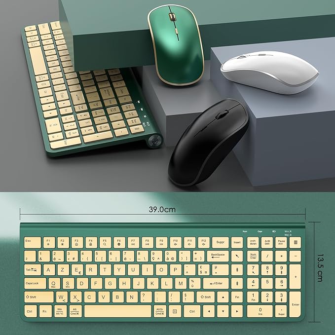 JOYACCESS Wireless Keyboard and Mouse Combo,2.4G Ergonomic Typewriter Keyboard with Type-C Receiver and Adjustable Tilt for Computer, Windows,Desktop, PC, Laptop-Cangling Green