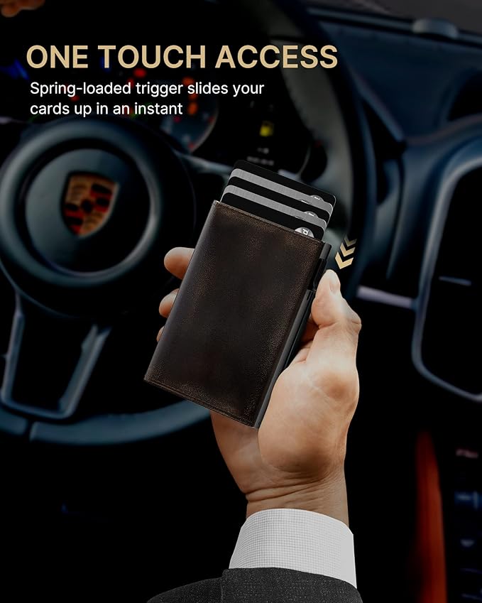 typecase Mens Wallet Card Holder: Pop Up Aluminum Case, Full Grain Leather, RFID Blocking, Smart, Slim, Minimalist, Front Pocket - 9-14 Card Capacity | ID Window | Cash Slot (Burnished Black)