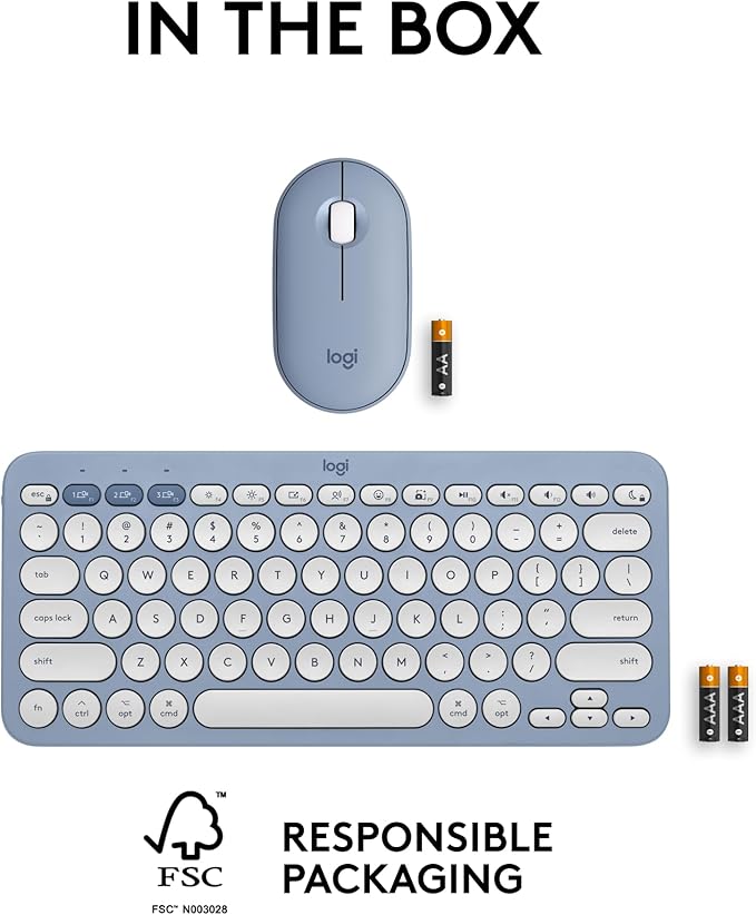 Logitech Pebble 2 Combo for Mac, Wireless Keyboard and Mouse, Slim, Quiet and Portable, Customizable, Bluetooth Mouse and Keyboard, Easy-Switch, for macOS, iPadOS - Tonal Blue
