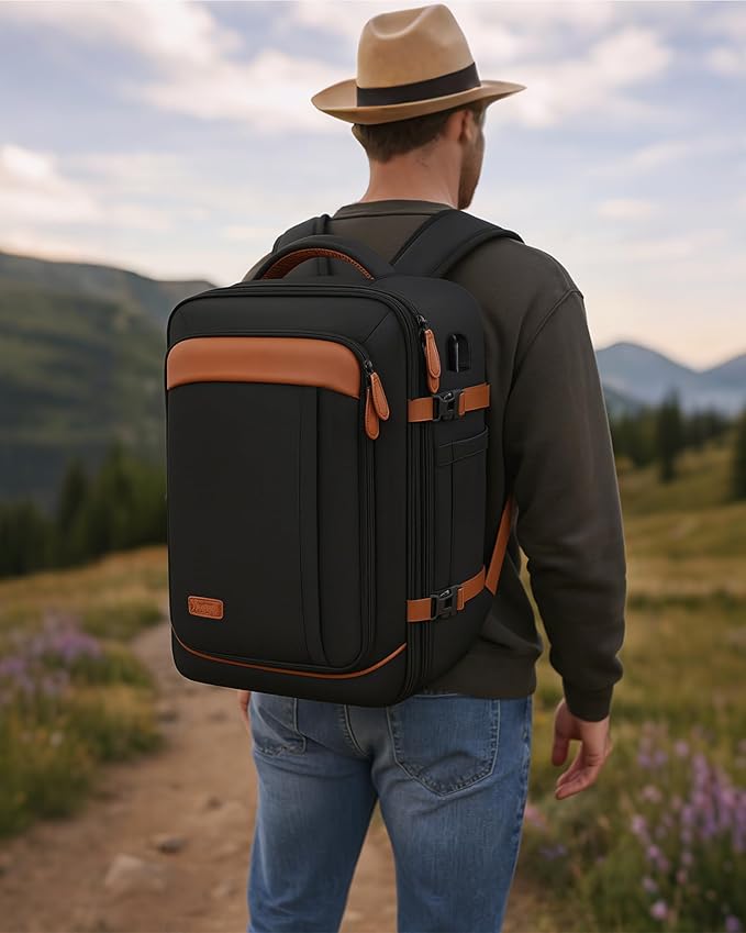 Vancropak 40L Travel Backpack for Women & Men, Large Expandable Carry on Backpack for Airplanes with 3 Packing Cubes, Airline Approved Water Resistant Anti Theft Travel Bag fit 17" Laptop, Black Brown